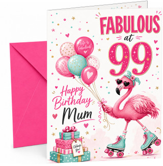 Mum 99th Birthday Card Flamingo on Roller Skates & Balloons