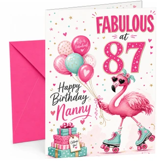 Nanny 87th Birthday Card Fabulous Flamingo on Roller Skates