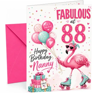 Nanny 88th Birthday Card Flamingo on Roller Skates & Balloons