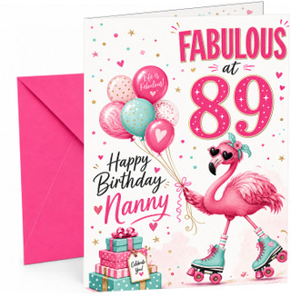 Nanny 89th Birthday Card Flamingo on Roller Skates & Balloons