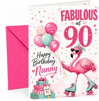 Nanny 90th Birthday Card Flamingo on Roller Skates & Balloons
