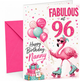 Nanny 96th Birthday Card Flamingo on Roller Skates & Balloons