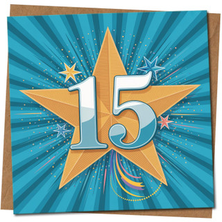 15th Birthday Card - Starburst Design, Blue and Gold, 145mm x 145mm Square - Age 15 Milestone Celebration Card, Includes Kraft Envelope