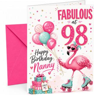 Nanny 98th Birthday Card Flamingo on Roller Skates & Balloons