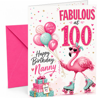 Nanny 100th Birthday Card Flamingo on Roller Skates & Balloons