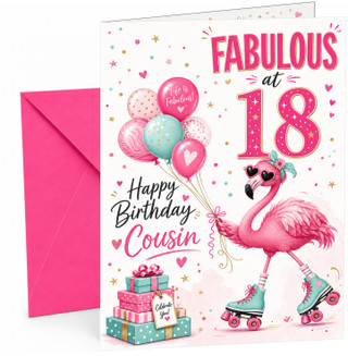 Cousin 18th Birthday Card Flamingo on Roller Skates & Balloons