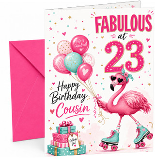 Cousin 23rd Birthday Card Flamingo on Roller Skates & Balloons