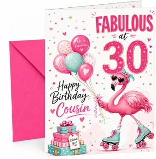 Cousin 30th Birthday Card Flamingo on Roller Skates & Balloons