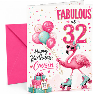 Cousin 32nd Birthday Card Fabulous Flamingo on Roller Skates