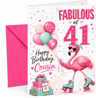 Cousin 41st Birthday Card Fabulous Flamingo on Roller Skates