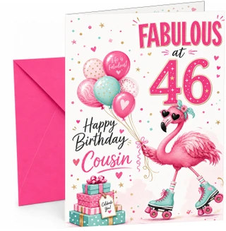 Cousin 46th Birthday Card Fabulous Flamingo on Roller Skates