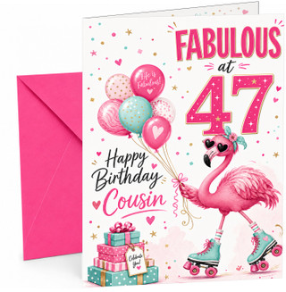 Cousin 47th Birthday Card Flamingo on Roller Skates & Balloons