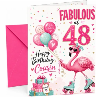Cousin 48th Birthday Card Flamingo on Roller Skates & Balloons