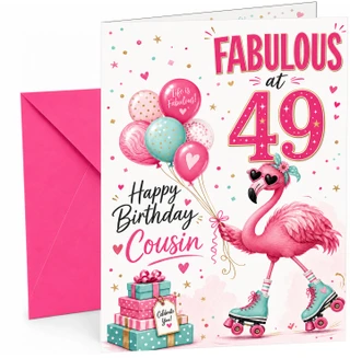 Cousin 49th Birthday Card Flamingo on Roller Skates & Balloons