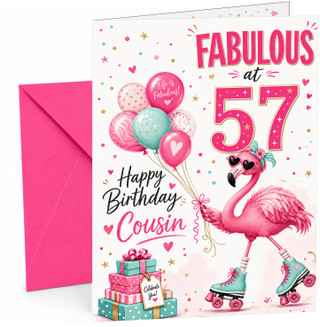 Cousin 57th Birthday Card Fabulous Flamingo on Roller Skates