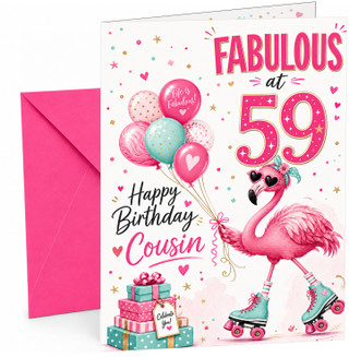 Cousin 59th Birthday Card Flamingo on Roller Skates & Balloons