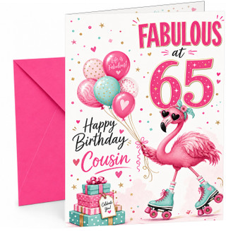 Cousin 65th Birthday Card Fabulous Flamingo on Roller Skates