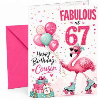 Cousin 67th Birthday Card Fabulous Flamingo on Roller Skates
