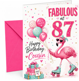Cousin 87th Birthday Card Flamingo on Roller Skates & Balloons