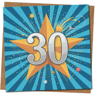 30th Birthday Card Milestone - Bold Starburst Blue Design - 145mm x 145mm Square - Celebration Card, Includes Kraft Envelope