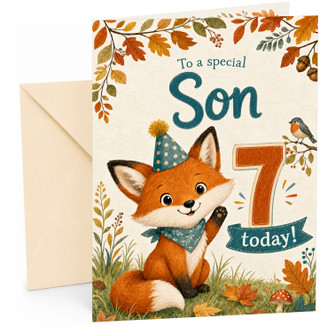 Son 7th Birthday Card Cute Fox in Party Hat Woodland