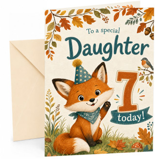 Daughter 7th Birthday Card Cute Fox in Party Hat & Autumn
