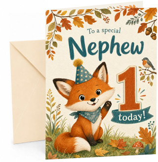 Nephew 1st Birthday Card Cute Fox in Party Hat Woodland