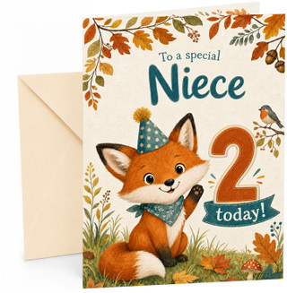 Niece 2nd Birthday Card Cute Fox in Party Hat Woodland Leaves