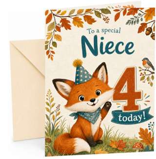 Niece 4th Birthday Card Cute Fox in Party Hat Woodland