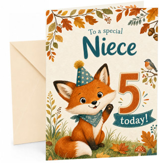 Niece 5th Birthday Card Cute Fox in Party Hat Woodland