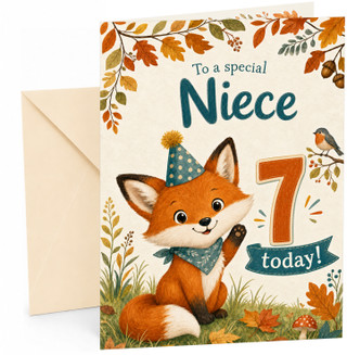 Niece 7th Birthday Card Cute Fox in Party Hat Woodland