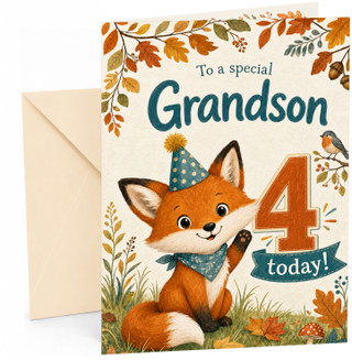 Grandson 4th Birthday Card Cute Fox in Party Hat Autumn