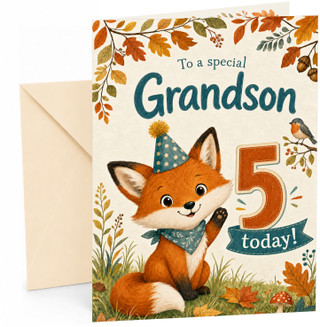 Grandson 5th Birthday Card Cute Fox in Party Hat Woodland