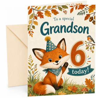 Grandson 6th Birthday Card Fox in Party Hat & Autumn Leaves