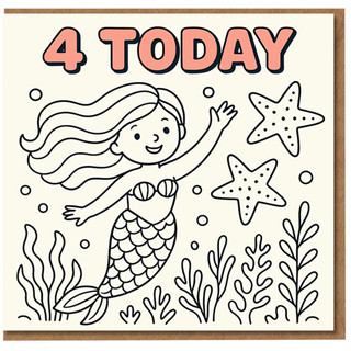 4 Today Mermaid Birthday Card for Kids - Cute Underwater Starfish Design - Age 4 Children's Birthday Card