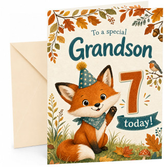 Grandson 7th Birthday Card Fox in Party Hat Autumn Leaves