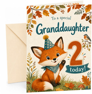 Granddaughter 2nd Birthday Card Cute Fox & Autumn Leaves