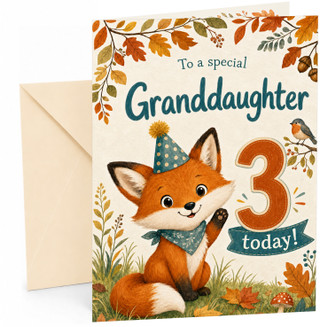 Granddaughter 3rd Birthday Card Fox in Party Hat & Autumn