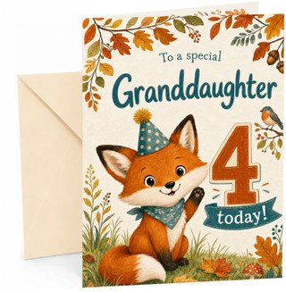 Granddaughter 4th Birthday Card Cute Fox in Party Hat Autumn