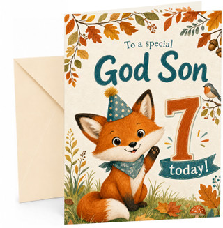 God Son 7th Birthday Card Cute Fox in Party Hat Autumn
