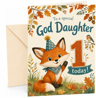 God Daughter 1st Birthday Card Cute Fox in Party Hat Woodland