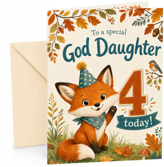 God Daughter 4th Birthday Card Fox in Party Hat Woodland
