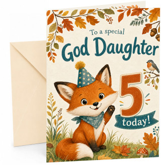 God Daughter 5th Birthday Card Fox in Party Hat Autumn