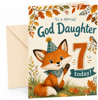 God Daughter 7th Birthday Card Cute Fox in Party Hat Autumn