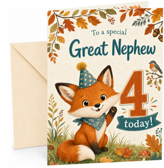 Great Nephew 4th Birthday Card Fox in Party Hat Autumn Leaves