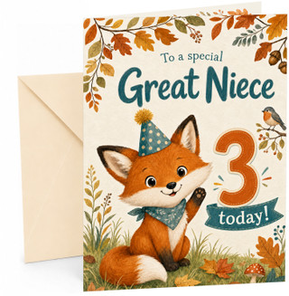 Great Niece 3rd Birthday Card Fox in Party Hat Autumn