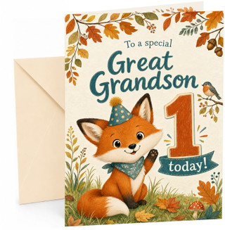 Great Grandson 1st Birthday Card Cute Fox and Autumn Leaves
