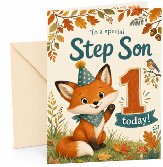 Step Son 1st Birthday Card Cute Fox with Party Hat
