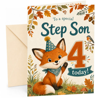 Step Son 4th Birthday Card Cute Fox in Party Hat