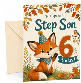 Step Son 6th Birthday Card Cute Fox in Party Hat and Leaves